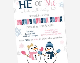 gender reveal invitation, gender reveal party, gender reveal ideas, snowman baby shower, 5x7 invitation