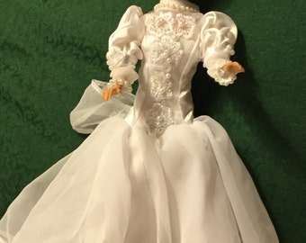 Vintage Satin Barbie Wedding Gown, Nylon Tulle Overskirt, Pearls and Flowers, High Neck, Long Puff Sleeves, Empire Waist, Barbie Gown