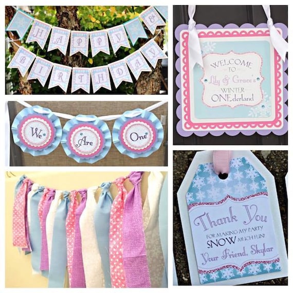 Girl First / 1st Birthday Winter Wonderland / Onederland Party Decorations. 5 Piece Party Box. Custom, any age. Pink / Blue / Snowflakes Il_570xn