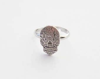 Sugar Skull Ring, Silver Skull Ring, Sugar Skull Jewelry, Silver Skull Jewelry, ,Day of the Dead Ring, Silver Skull Charm Jewelry, Goth Ring