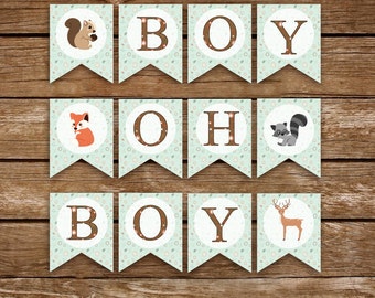 Woodland Baby Shower Banner, Boy Oh Boy. Animals Sign, Boy Shower - Printable - INSTANT DOWNLOAD, Digital file (12 Flags)