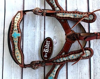 Horse Tack Bridle Western Leather Headstall Turquoise Bling Rodeo 80179B