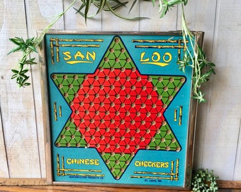 Vintage Chinese Checkers Game Board San Loo Metal Frame Checkerboard Retro Asian Wall Decor Wall Hanging 1940s 1950s Ask a question
