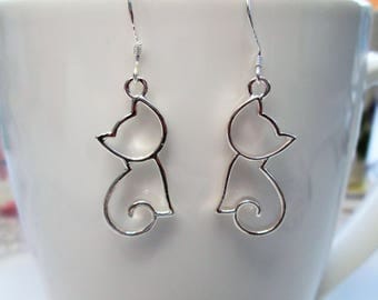 Silver plated cat earrings with 925 sterling silver or silver plated ear wires, cat jewelry,