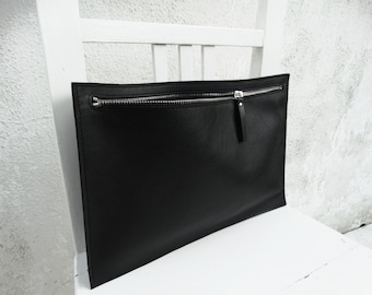 Black Leather Clutch Zippered