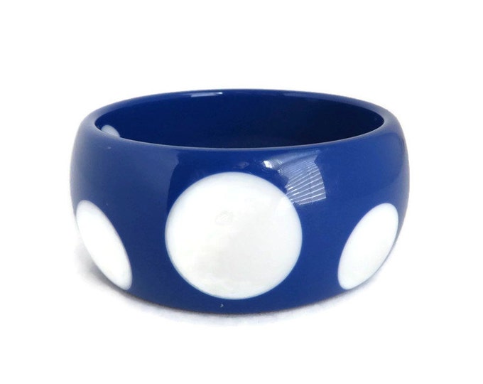 Blue and White Lucite Bangle, Vintage Chunky Polka Dot Bracelet