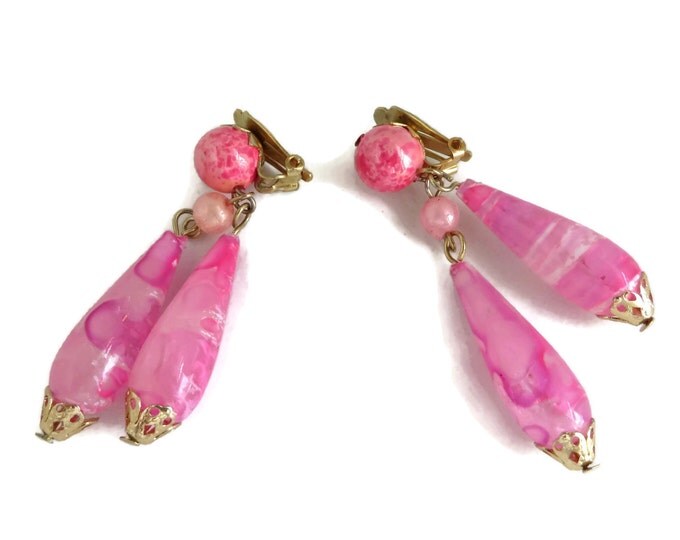 Vintage Pink Hong Kong Dangling Earrings, Teardrop Clip-on Earrings