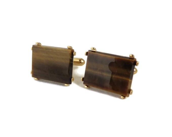 Tiger Eye Cufflinks, Vintage Gold Tone Cufflinks, Brown Stone Cuff Links, Men's Jewelry
