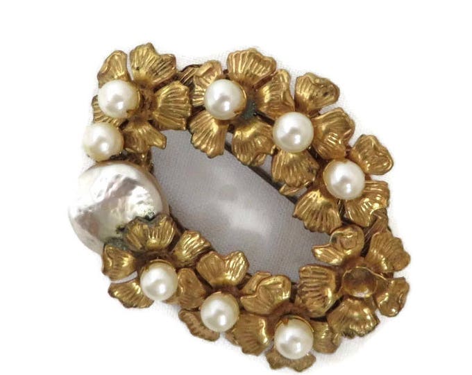 Miriam Haskell Brooch Faux Pearl Goldtone Wreath Designer Signed Vintage Costume Jewelry