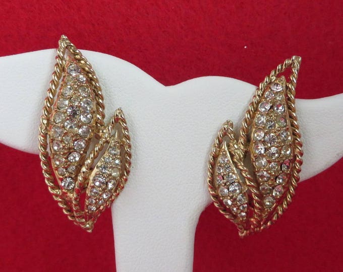 Bridal Earrings, Leaf Clip-ons, Signed Hattie Carnegie Rhinestone Earrings, Vintage Runway Bridal Jewelry Gift Idea