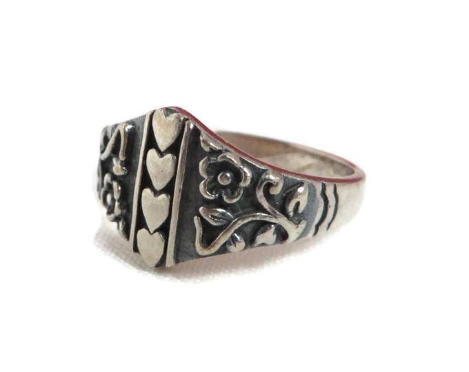 Sterling Silver Heart Ring - Vintage Hearts & Flowers Scrolled Band Ring, Size 8