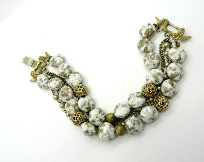 Kramer Glass Bead Bracelet Vintage Designer Signed Triple Strand White and Gold Bracelet