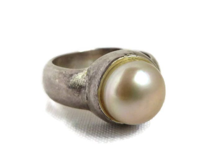Vintage Pearl Ring Sterling Silver Wide Band Antique Finish Estate Costume Jewelry Ring Size 6