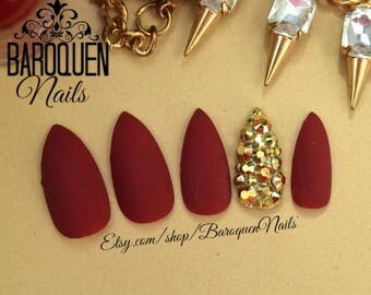 Matte Maroon Burgundy Nails Gold Bling Accent Nail | Made To Order DIY Fake Nails | False Nails | Press On Nails | Glue On Nails | Nail Tips