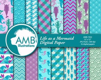 Mermaid Digital Papers, Nautical Papers, Ocean papers, Mermaid papers, Mermaids, mermaid scales paper, commercial use, AMB-1932