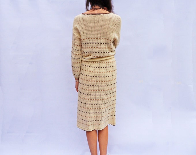 Slouchy Knitted Sweater, Vintage 70s Cream Knitted Skirt Sweater Co-Ord Two Piece Set, Striped Jumper, Oversized Sweater, Fun Fashion Tumblr