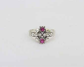 Vintage Sterling Silver Ruby & Seed Pearl Carved Dome Ring Size 7