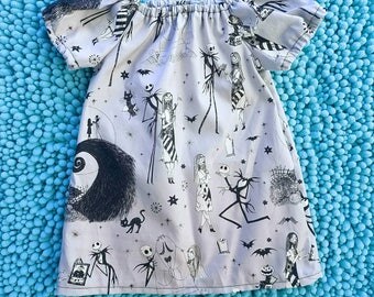 Nightmare Before Christmas Gray Jack and Sally baby toddler peasant dress, kids girls Nightmare Before Christmas, Jack Skellington dress