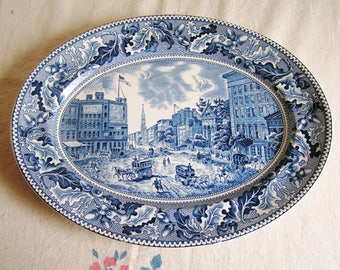 Vintage Blue and White Transferware Historic America Oval Platter of Barnum's Museum Made by Johnson Bros in England English China