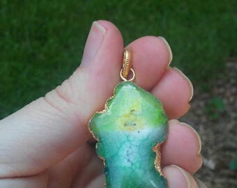 Green with yellow solar quartz pendant necklace.