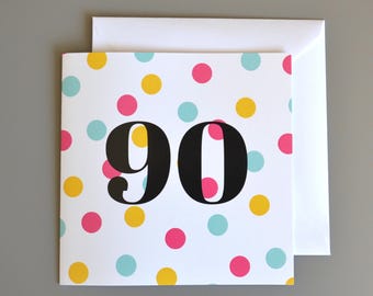 90th Birthday Card -90- Ninety -Ninetieth Pink Polka Dot Birthday Card for Her