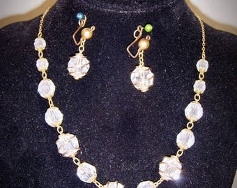 HILLCRAFT Gold Filled Wire Caged Czech Glass Demi Parure Choker and Earrings