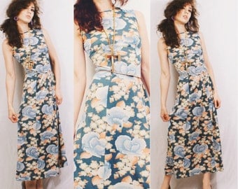 CLEARANCE Vtg 70s Pastel Floral Maxi Dress / 70s does 30s / Long / Sleeveless / Boho Hippie Festival