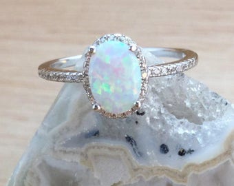 Sterling Silver Opal Ring with Halo FREE Gift Box & FREE Shipping Codes Below Alternative Bride Rings Opal Engagement Ring Promise Ring