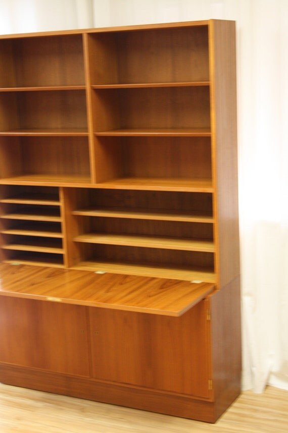 Danish Modern Teak Office Hutch W/ Fold out Desk or Bar