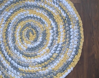 38" Yellow and Gray Rug, Hand Crocheted, Cicular Rag Rug, Kitchen Rug, Bedroom Rug, Crochet Rug, Braided Rug, White and Gray Rug, Throw Rug