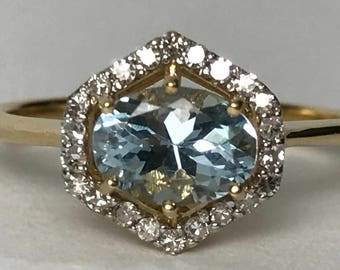 Vintage Aquamarine Diamond Ring. 14k Gold. Modernist Setting. Unique Engagement Ring. March Birthstone. 19th Anniversary. Estate Jewelry.
