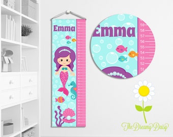 Personalized Growth Chart for Kids - Custom Girls' Mermaid Growth Chart w/ Name - Hanging Wall Height Chart - Mermaid Kids' Room Decor