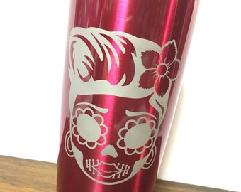 Sugar Skull Tumbler - Rockabilly Skull Cup - Dia De Los Muertos - Halloween Glasses - Stainless Steel Insulated Tumbler - Skull Gift for Her