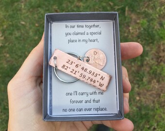 Coordinates Keychain, Sale item, Lucky Penny Personalized Keychain, GPS Longitude Latitude, Custom Coordinates Keychain, Grad Gift