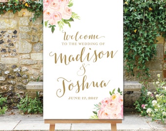 PRINTABLE Wedding Welcome Sign Blush Pink and Gold Watercolor Flowers Floral Welcome Sign Digital PDF JPG Sign The Bella