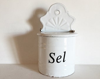 French Vintage Enamel Salt Keeper - Salt Box - White Enamel Salt Container - Wall Hanging Kitchen Salt Storage - Kitchen Storage Decor