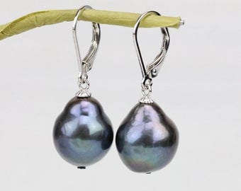 French earrings,11-13mm black color drop shape baroque pearl earrings,Large pearl french earrings,sterling silver leverback earrings pearl