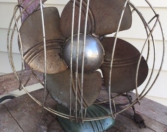 Vintage Fan-Desk Fan-Industrial Decor-Mid Century-Portable Fan-Wire Cage-Adjustable-Green-Old Fan-Home Decor-Mancave-Office Design