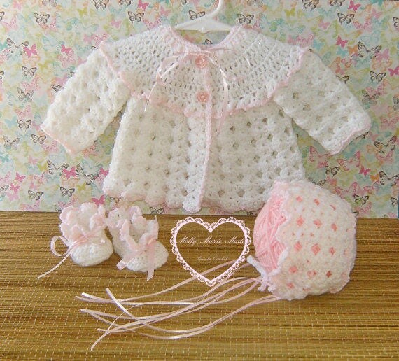 Sweater set for baby girl 0 3 or 36 months. Crocheted