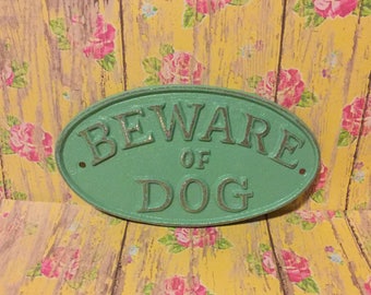 Cast Iron Beware Of Dog Sign Vintage Green Distressed Yard Gate Door Fence Porch Plaque Canine Vet