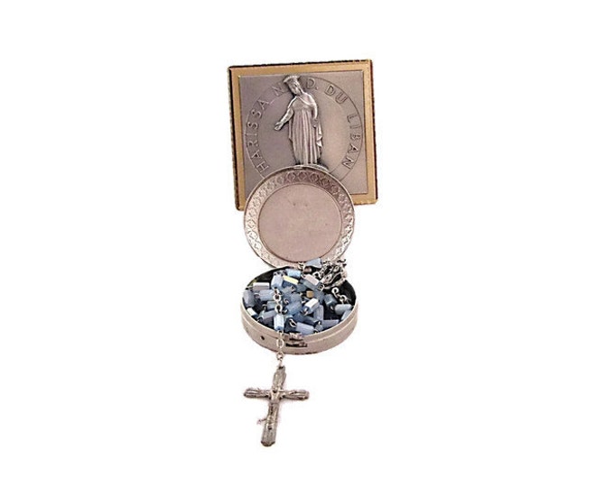 Vintage Blue Stone Rosary with Silver Case and Plaque | Harissa N D Du Liban Our Lady of Lebanon Sanctuary Rosary Teen