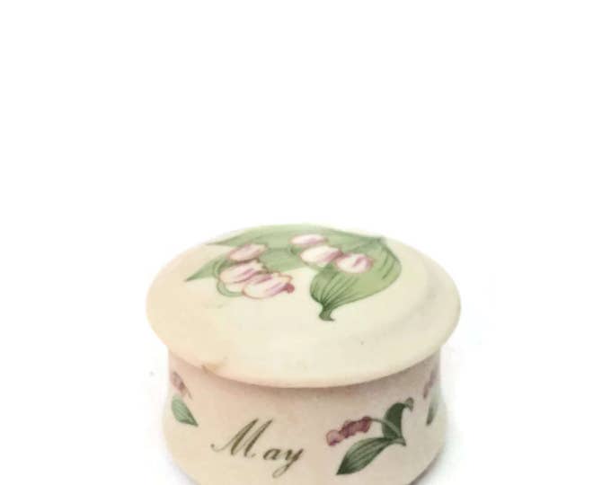 Vintage Lefton Porcelain Hand Painted Round Tinket Box - May With Flowers Lefton KW642 Trinket Box