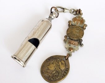 Vintage French Whistle Keychain Medal Fob Chain
