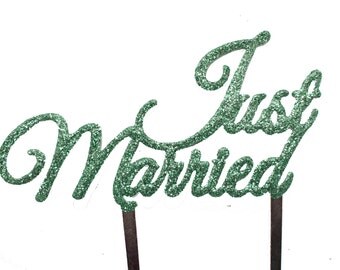 Just Married - Wedding cake topper with GREEN GLITTER
