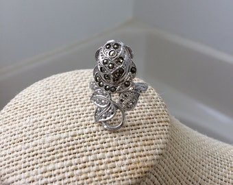 Sterling silver Clark and Coombs marcasite rose ring size 7.5 made anytime between 1946 and 1950