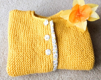 Yellow knitted cardigan with liberty, girl sweater, knitted baby clothes, 1 year old jumper, first birthday gift, kids knitted top, baby top