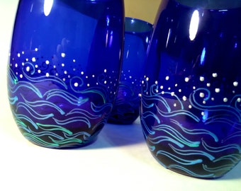 Ocean themed wine glasses, hand painted wine glasses, stemless wine glasses, decorative wine glasses