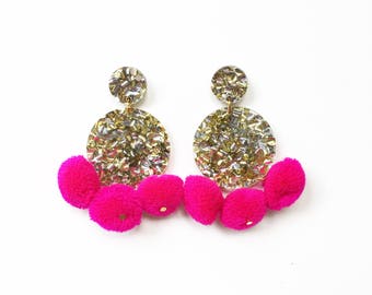 Gold and silver glitter disk earrings with pink Pom Pom earrings, drop earrings, acrylic earrings, laser cut earrings