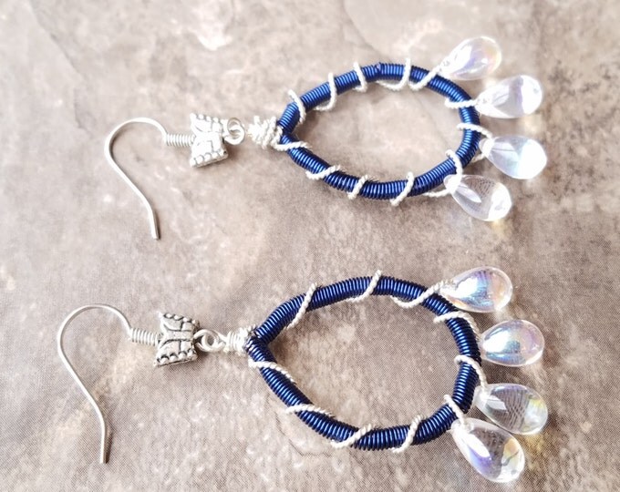 Dark Indigo Earrings Dark blue crystal Earrings -Blue Dangle Earrings Blue wire coil earrings wire wrapping blue earrings