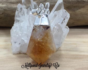 Citrine Point Pendant, Citrine Pendants, Citrine Charms, Natural Stone Pendants, Teardrop Point, Silver Plated